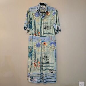 Vintage Willi of California Novelty Print Midi Dress Blue Green Botanical Size 8